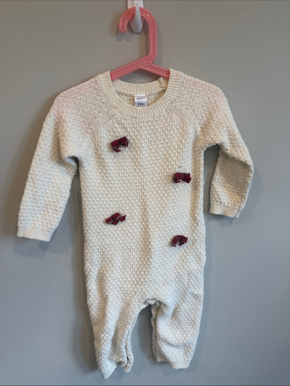 Carter's Cream Knit One-Piece with Red Plaid Bows